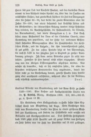128-129 [Rezension] Redlich, Paul, Cardinal Albrecht von Brandenburg und das Neue Stift zu Halle