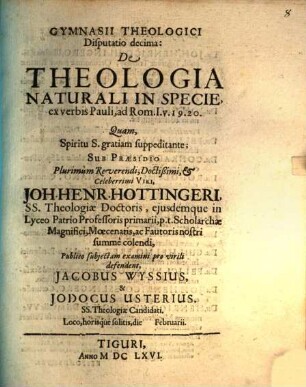 De theologia naturali in specie ex verbis Pauli, ad Rom. I. v. 19. 20.