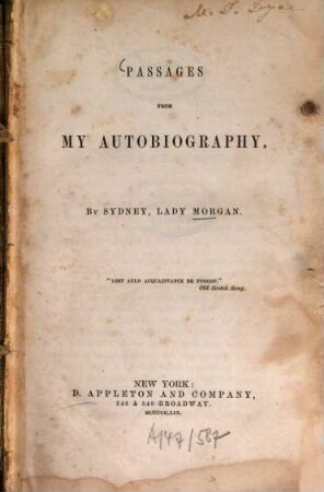 Passages from my autobiography : By Sydney, Lady Morgan