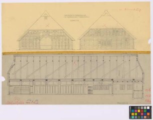 Fischerhude ([Landkreis Achim]): Niedersächsisches Bauernhaus. Haupthaus (zwei Giebel-Ansichten, Längsschnitt)