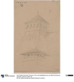 Pommern. Turm einer Stadtpfarrkirche und offener Zinnenturm. Ansichten