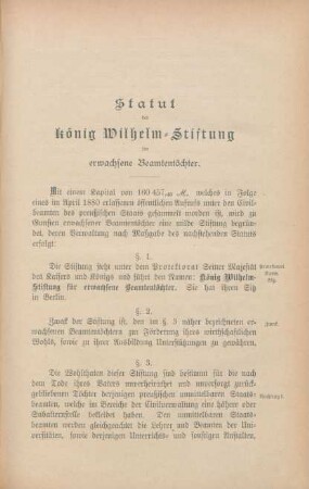 Statut der König Wilhelm-Stiftung für erwachsene Beamtentöchter