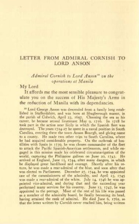 Letter from Admiral Cornish to Lord Anson