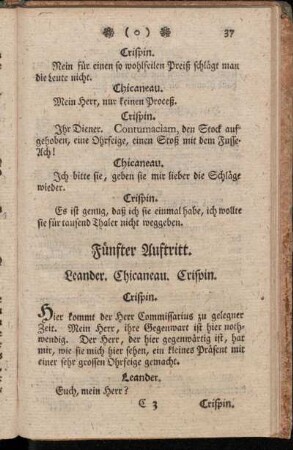 Fünfter Auftritt. Leander. Chicaneau. Crispin.