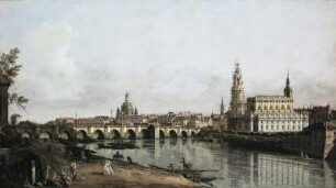 Dresden vom rechten Elbufer unterhalb der Augustusbrücke : Canaletto: Dresden vom rechten Elbufer unterhalb der Augustusbrücke