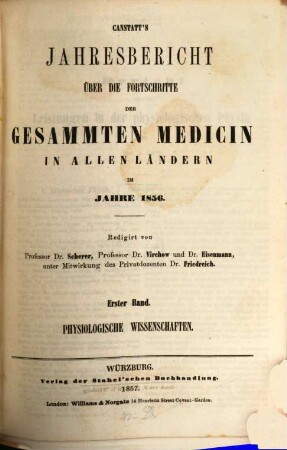 Canstatt's Jahresbericht über die Fortschritte der gesammten Medicin in allen Ländern. 1856 = N.S. 6