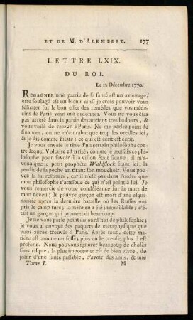 177-187, Lettre LXIX. du Roi. - Lettre LXXII. de M. d'Alembert.