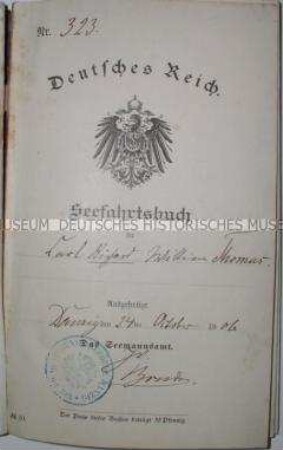 Seefahrtsbuch des Deutschen Reichs für Carl Richard William Thomas, angeheuert als Trimmer