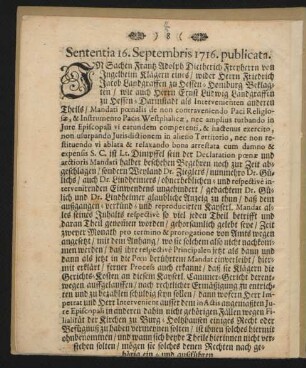 Sententia 16. Septembris 1716. publicata