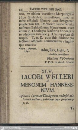 XLV. Iacobi Welleri ad Menonem Hannekenium
