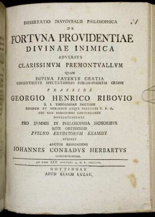 Dissertatio Inauguralis Philosophica De Fortuna Providentiae Divinae Inimica Adversus Clarissimum Premontuallum