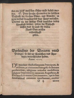Verzeichnis der Doctorn unnd Prediger/ so sich zur Confession und Apologia/ unterschrieben haben. Anno 1537.