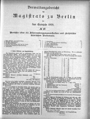 No. 27. Bericht über die Altersversorgungsanstalten und Hospitäler städtischen Patronats