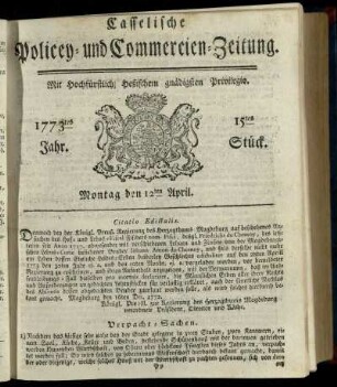 15tes Stueck, Montag den 12ten April 1773