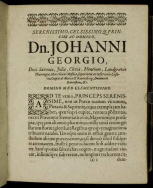 Serenissimo, Celsissimoq. Principi Ac Domino, Dn. Johanni Georgio, Duci Saxoniæ [...]
