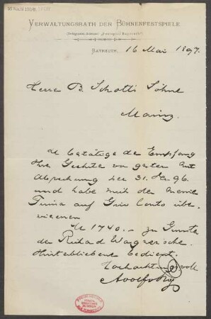Brief an B. Schott's Söhne : 16.05.1897