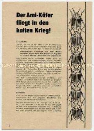 Agitationsschrift der Nationalen Front zur Volkskammerwahl, mit Aufruf zur Wachsamkeit der Bevölkerung nach US-Abwurf von Kartoffelkäfern auf die DDR, bezugnehmend auf US-Einsatz biologischer Waffen im Korea-Krieg