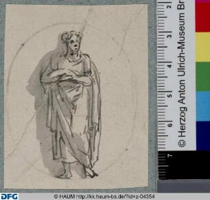 Stehende Figur, die Arme vor dem Körper verschränkend