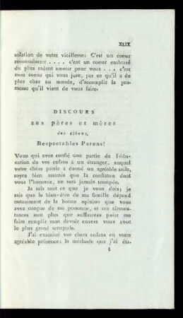 Discours aux pères et mères des élèves.