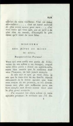 Discours aux pères et mères des élèves.