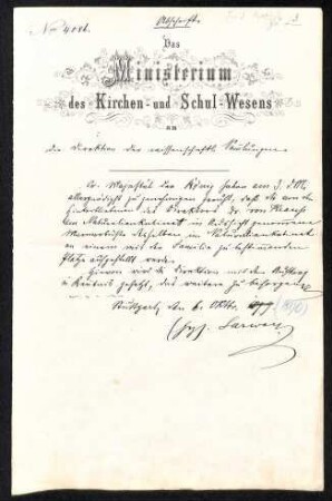Schreiben des Ministeriums des Kirchen- und Schulwesens an die Direktion der wissenschaftlichen Sammlungen