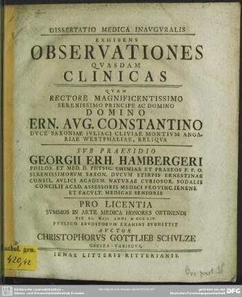 Dissertatio Medica Inauguralis Exhibens Observationes Quasdam Clinicas