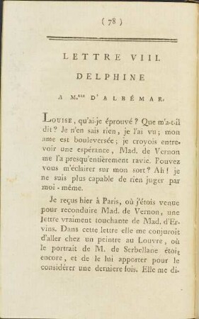 Lettre VIII. Delphine à Mlle. d’ Albémar.
