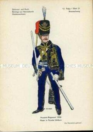 Uniformdarstellung, Gemeiner des Husaren-Regiments, Herzogtum Braunschweig, 1836.