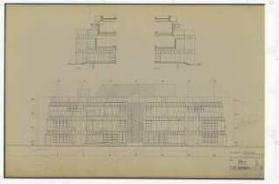 Zentralbibliothek der Landbauwissenschaft, Bonn Neubau: Süd-Westansicht, Schnitte 11, 11a, Verschindelung, 1:50