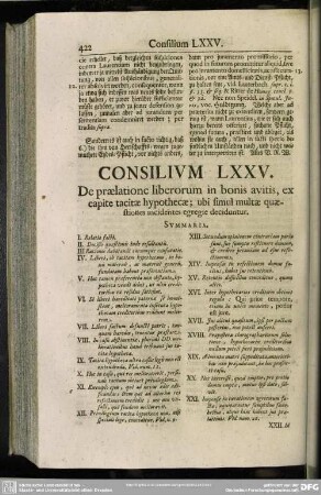 Consilium LXXV. De praelatione liberorum in bonis avitis, ex capite tacitae hypothecae; [...]