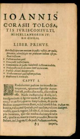 Ioannis Corasii Tolosatis Iurisconsulti, Miscellaneorum Iuris Civilis, Liber Primus.