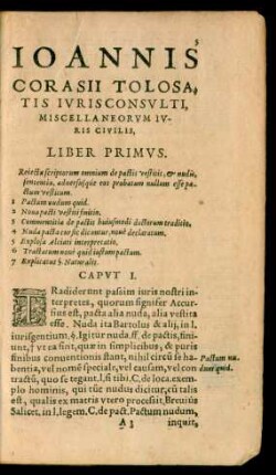 Ioannis Corasii Tolosatis Iurisconsulti, Miscellaneorum Iuris Civilis, Liber Primus.