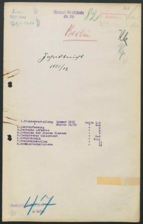 1921/22: Jahresbericht der Städtischen Menzel-Realschule (13) für das Schuljahr ... - 1921/22