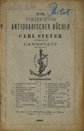 Verzeichniss antiquarischer Bücher von Carl Steyer, Antiquariat, Cannstatt bei Stuttgart. 17. 1885