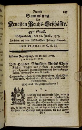 48tes Stuck. Schwabach, den 30. Junii, 1757.