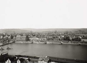 Koblenz, linkes Rheinufer zwischen Regierungsgebäude und Sankt Castor, Blick von der Festung Ehrenbreitstein nach Westen