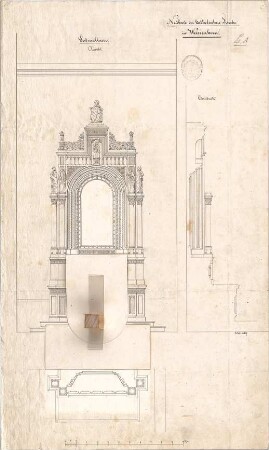 Voit, August von; Weißenhorn; Pfarrkirche - 1. Variante - Seitenaltäre (Grundriss, Ansicht, Querschnitt)