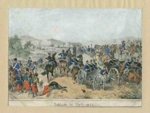 Die Schlacht bei Wörth am 6.8.1870: Hügel im Hintergrund sind qualmverhüllt, davor marschierende Truppeneinheiten, im Vordergrund abgeführte franz. Kriegsgefangene, preuss. Offiziere zu Pferd und nachrückende Batterie zur dt. Geschützstellung