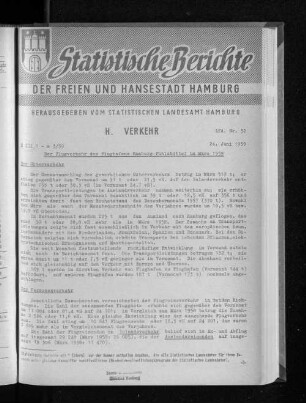 Der Flugverkehr des Flughafens Hamburg-Fuhlsbüttel im März 1959 : Lfd. Nr. 32