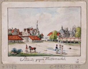 Das Schloss Pillnitz bei Dresden von Norden, mit dem alten Schloss (1818 abgebrannt)