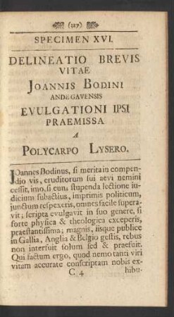 Specimen XVI. Delineatio Brevis Vitae Joannis Bodoni Andegavensis Evulgationi Ipsi Praemissa A Polycarpo Lysero