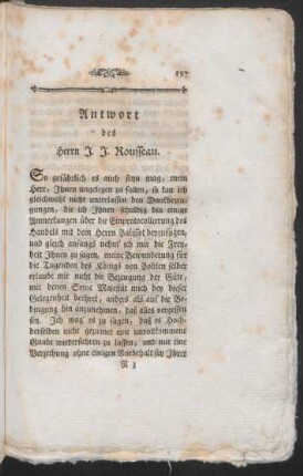 Antwort des Herrn J. J. Rousseau