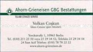 Visitenkarte der islamischen Abteilung eines Bestattungsunternehmens (in türkischer Sprache)