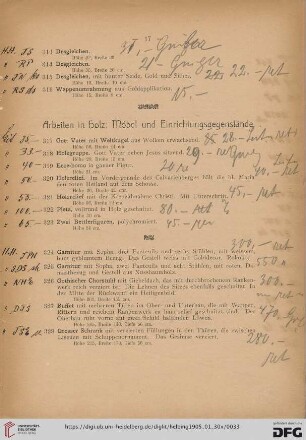 Arbeiten in Holz; Möbel und Einrichtungsgegenstände (Nr. 317-346)