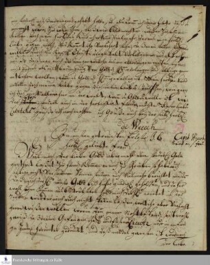 Brief von Curt Friedrich v. Wreech an Johanne Juliane v. Wreech.