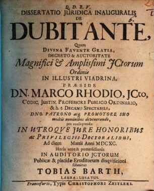 Dissertatio Juridica Inauguralis De Dubitante