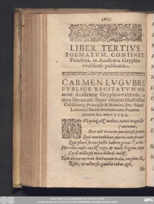 Liber Tertius Poematum, Continet Funebria, in Academia Gryphiswaldenwi publicata.
