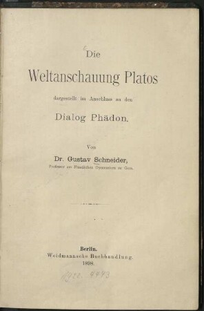 Die Weltanschauung Platos : dargestellt im Anschluss an den Dialog Phädon