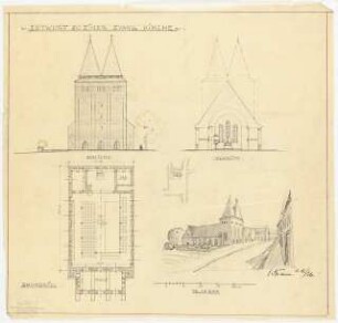 Evanglische Kirche: Ansicht, Grundriss, Schnitt 1:200, perspektivische Ansicht