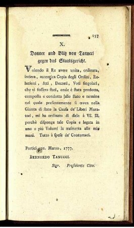 X. Donner und Blitz von Tanucci gegen das Staatsgericht. - XXII. Sacri Caratteri.